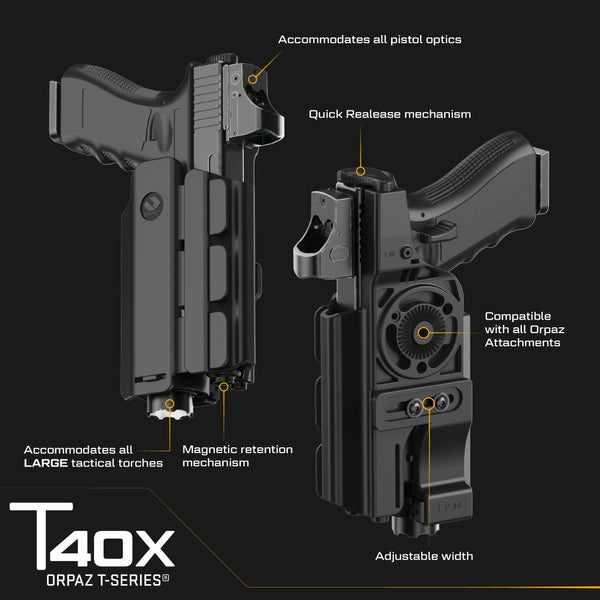 T40X Compatible with Glock 19X Holster with Light
OWB Level II Retention, Light Bearing MOLLE Holster