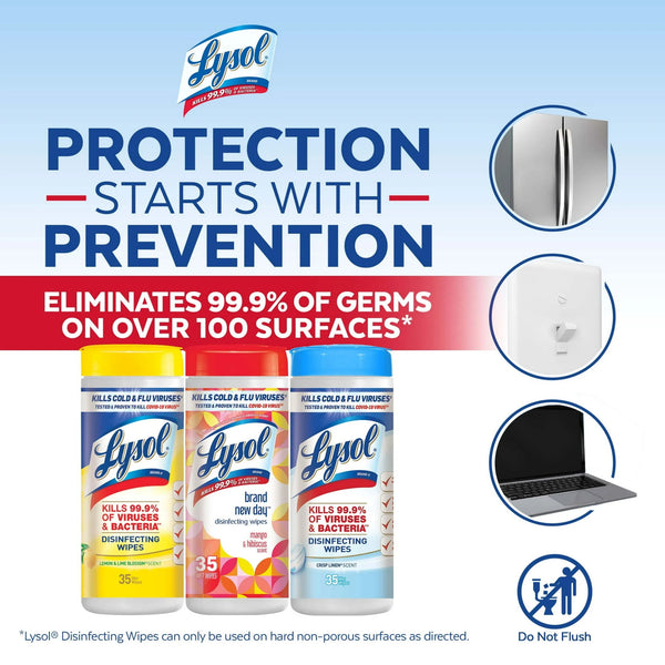 Lysol Disinfecting Wipes, Lemon & Lime Blossom, Mango & Hibiscus, Crisp Linen, 35 Count Each, 3 Pack