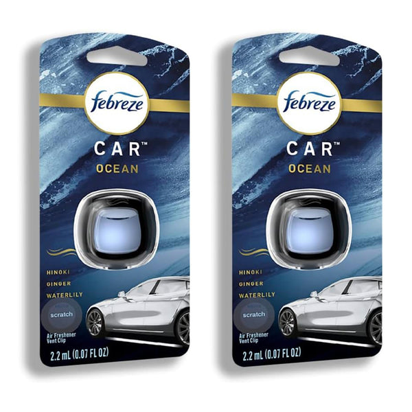 Febreze Car Vent Clip Air Freshener, Odor Eliminator for Strong Odors, Up to 30 Days Freshness, Ocean, 2 Packs