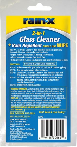 Rain-X 2-in-1 Glass Cleaner & Rain Repellent Wipes, Foil-Sealed