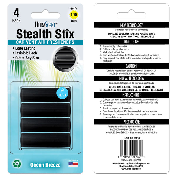 UltraScent Car Vent Clips Air Freshener Stealth Stix Car Vent Clips that Slip on Vent Blade, 1-Pack/4-Stix (Ocean Breeze)