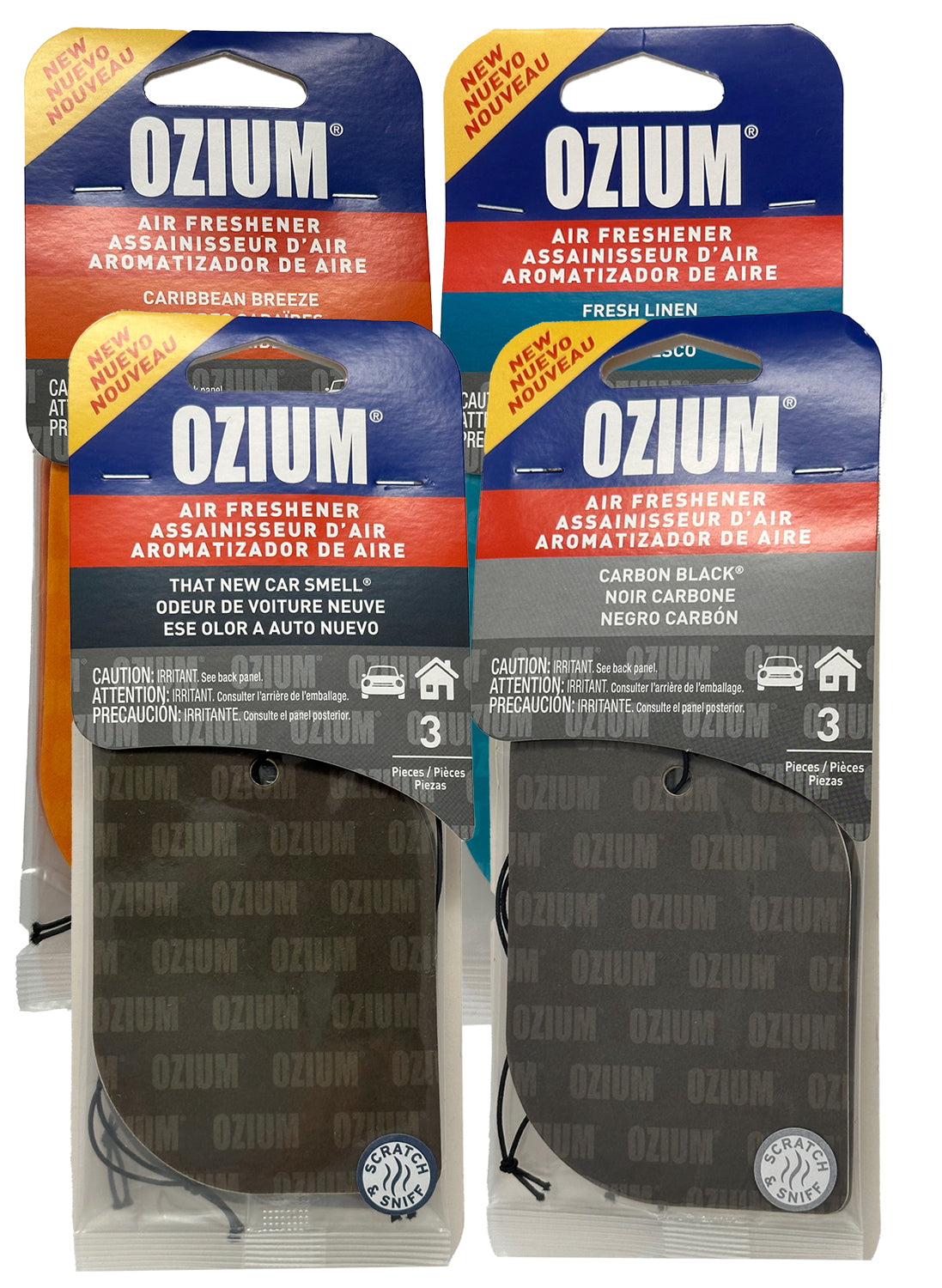 Ozium Paper Hanging Car Air Freshener with Odor Eliminator for Car -  Refresh Your Ride with Automotive Air Fresheners, 3 Pack, Caribbean Breeze  + Carbon Black + New Car + Fresh Linen