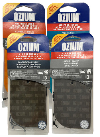 Ozium Paper Hanging Car Air Freshener with Odor Eliminator for Car - Refresh Your Ride with Automotive Air Fresheners, 3 Pack, Caribbean Breeze + Carbon Black + New Car + Fresh Linen, Combo Kit