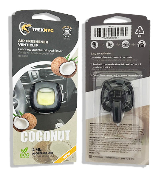 TrexNYC Car Air Fresheners Vent Clips, Essential Car Odor Eliminator, Perfect Scented Car Accessories, For Long Lasting Fragrance up to 240 days, Coconut Scent, 0.07 FL.OZ
