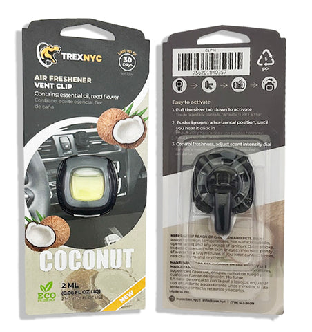 TrexNYC Car Air Fresheners Vent Clips, Essential Car Odor Eliminator, Perfect Scented Car Accessories, For Long Lasting Fragrance up to 240 days, Coconut Scent, 0.07 FL.OZ