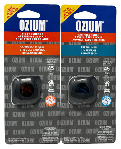 Ozium Membrane Car Vent Clip AC Air Fresheners Car Air Freshener and Car Odor Eliminator, Caribbean Breeze + Fresh Linen, Combo Kit