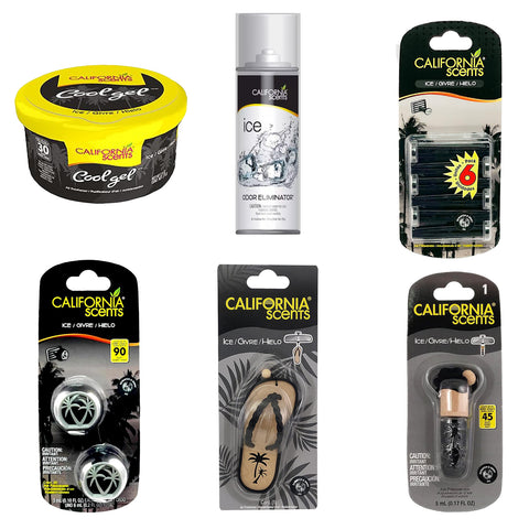 California Scents Best Car Air Freshener Combo Kit: Hanging Vial Necklace, Cool Gel, Vent Sticks, Vent Clip, Car Fogger, Sandal Hanging Car Air Freshener - Ice Scent - Automotive Air Fresheners