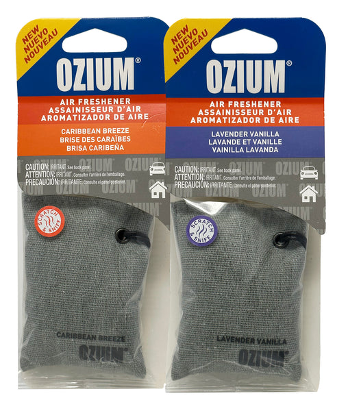 Ozium Scented Sachet Car Air Fresheners and Odor Eliminator for Car, Home Closets, Shoes, and Suitcases, Caribbean Breeze + Lavender Vanilla, Combo Kit