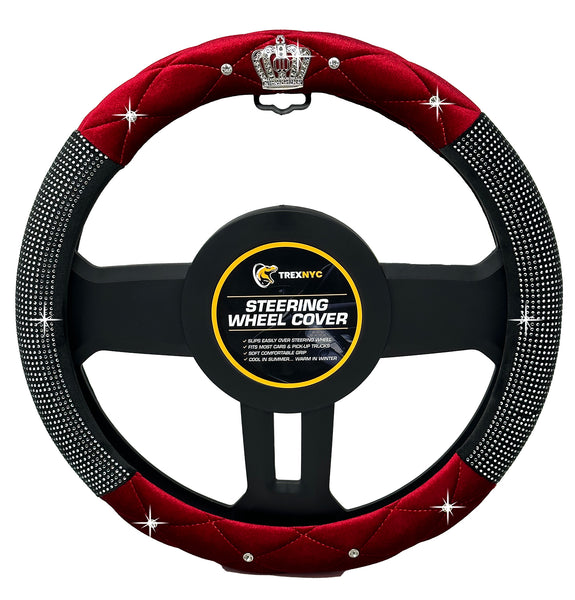 TrexNYC Crown Rhinestone Steering Wheel Cover: Sparkling Rhinestone and Glamorous Bling Car Steering Wheel Cover for Women, Red