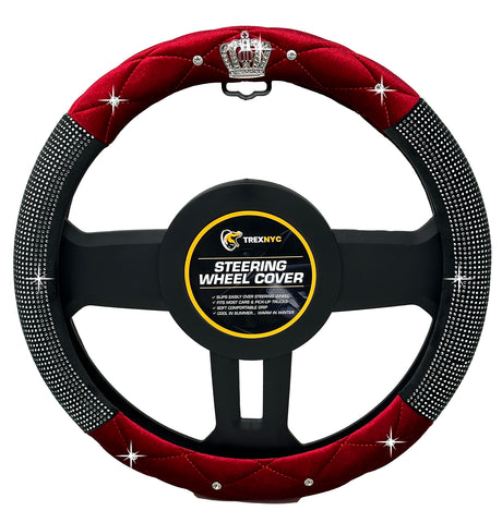 TrexNYC Crown Rhinestone Steering Wheel Cover: Sparkling Rhinestone and Glamorous Bling Car Steering Wheel Cover for Women, Red