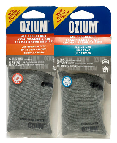 Ozium Scented Sachet Car Air Fresheners and Odor Eliminator for Car, Home Closets, Shoes, and Suitcases, Caribbean Breeze + Fresh Linen, Combo Kit