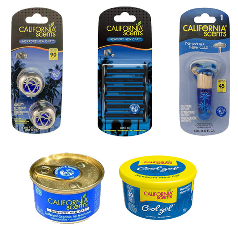California Scents Combo Kit - Best Car Air Freshener Set with Hanging Vial, Cool Gel, Vent Sticks, Vent Clip, and Spillproof Technology - Odor Elimination, New Car Scent