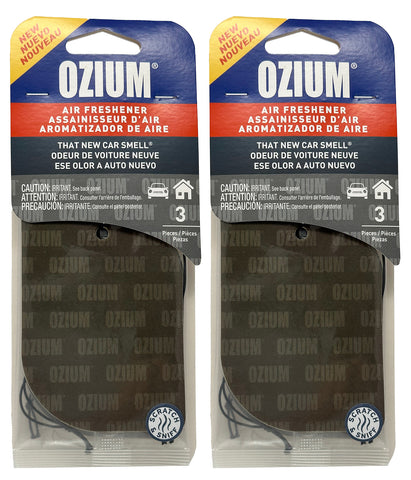 Ozium Paper Hanging Car Air Freshener with Odor Eliminator for Car - Refresh Your Ride with Automotive Air Fresheners, That New Car Smell, 2 Packs