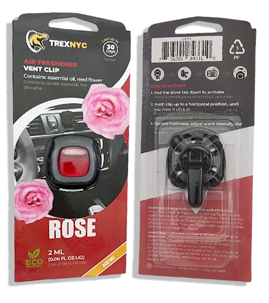 TrexNYC Car Air Fresheners Vent Clips, Essential Car Odor Eliminator, Perfect Scented Car Accessories, For Long Lasting Fragrance up to 240 days, Rose Scent, 0.07 FL.OZ