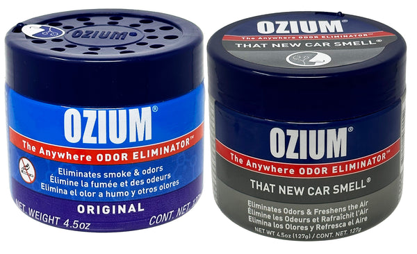 Ozium Air Sanitizer 4.5 oz Gel: Odor Eliminator for Strong Odor, Car Air Freshener, Original, and New Car Scent Combo
