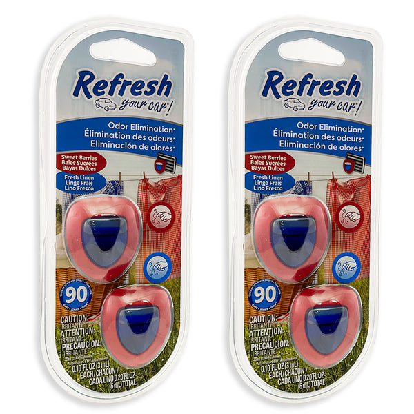 Refresh Car Air Freshener Vent Clip and Mini Car Oil Diffuser, Long-Lasting Odor Eliminator for Up to 90 days, 2 Packs, Sweet Berries & Fresh Linen