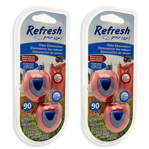 Refresh Car Air Freshener Vent Clip and Mini Car Oil Diffuser, Long-Lasting Odor Eliminator for Up to 90 days, 2 Packs, Sweet Berries & Fresh Linen