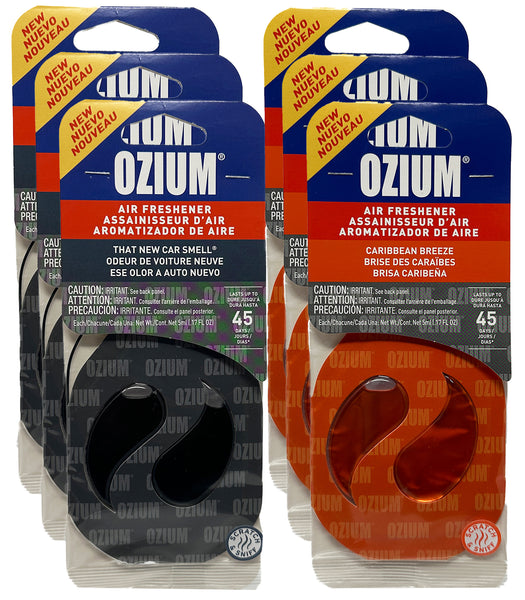 Ozium Paper Membrane Hanging Car Air Freshener - Automotive Air Fresheners and Odor Eliminator for Car, 3 New Car +3 Caribbean Breeze, Combo Kit