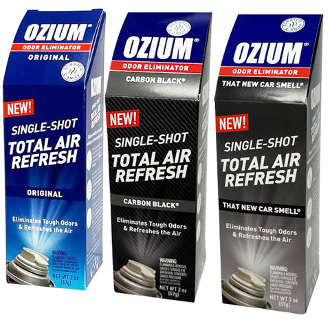 Ozium Air Sanitizer, 2 oz Car Fogger: Single-Shot Smoke Odor Eliminator & Car Air Freshener, Original + Carbon Black + That New Car Smell Combo Kit
