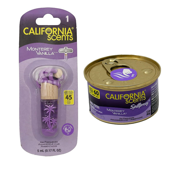 California Scents Hanging Vial & Spillproof Automotive Air Freshener, Best Car Air Freshener Combo Kit: Odor Eliminator for Cars and Long-Lasting Air Freshener -  Monterey Vanilla Scent