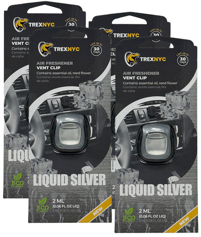 TrexNYC Car Air Fresheners Vent Clips, Essential Car Odor Eliminator, Perfect Scented Car Accessories, For Long Lasting Fragrance up to 240 days, Liquid Silver Scent, 0.07 FL.OZ, 4 Packs