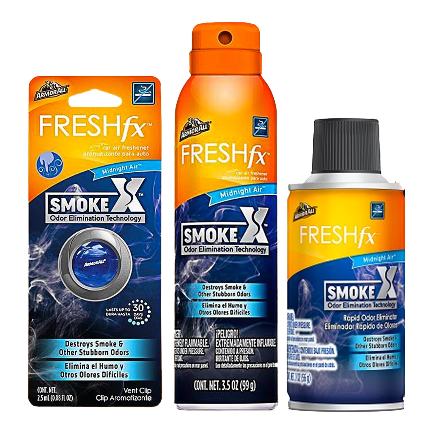 Armor All Kit: Car Air Fresheners - Vent Clip + Smoke-X Rapid + 3.5 oz  Spray - Midnight Air, Scent - Automotive Odor Eliminator and Air Freshener  by GOSO Direct