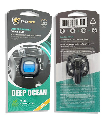 TrexNYC Car Air Fresheners Vent Clips, Essential Car Odor Eliminator, Perfect Scented Car Accessories, For Long Lasting Fragrance up to 240 days, Deep Ocean Scent, 0.07 FL.OZ
