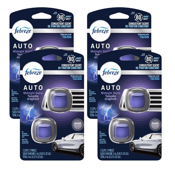 Febreze Car Air Freshener Vent Clips, Midnight Storm Scent, 2-Clips: Automotive Odor Eliminator for Car Vent, Long-Lasting Car Freshener Clips, 4 Pack