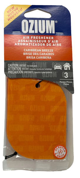 Ozium Paper Hanging Car Air Freshener with Odor Eliminator for Car - Refresh Your Ride with Automotive Air Fresheners, Caribbean Breeze