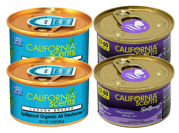 California Scents Spillproof Can Air Freshener in Monterey Vanilla +  Laguna Breeze Scents: Best Car Air Freshener and Odor Eliminator, Combo Kit, 4 Packs