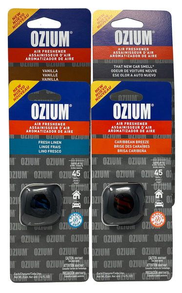 Ozium Membrane Car Vent Clip AC Air Fresheners Car Air Freshener and Car Odor Eliminator, Caribbean Breeze+Fresh Linen+That New Car Smell+Vanilla, Combo Kit