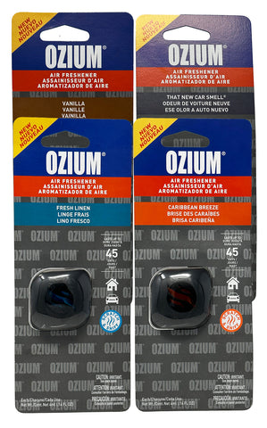 Ozium Membrane Car Vent Clip AC Air Fresheners Car Air Freshener and Car Odor Eliminator, Caribbean Breeze+Fresh Linen+That New Car Smell+Vanilla, Combo Kit