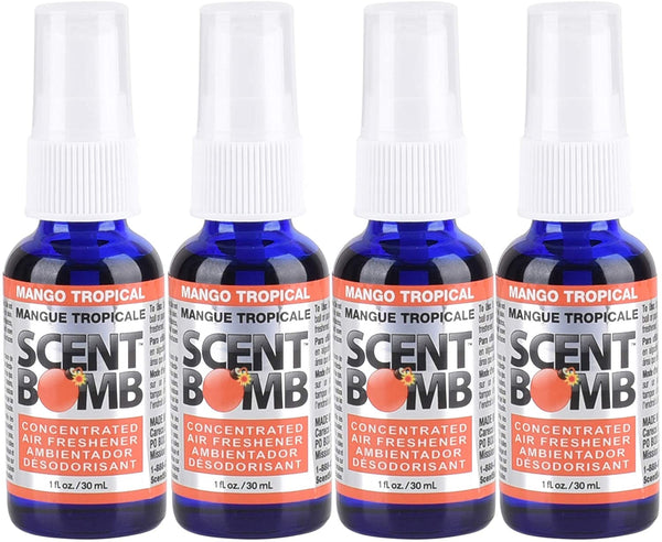 Scent Bomb Air Freshener Spray, 100 % Oil Based Concentrated Air Freshener, Air Freshener Spray for Car, Room, Bathroom and Odor Eliminator, Mango Tropical, 4 Pack