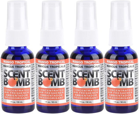 Scent Bomb Air Freshener Spray, 100 % Oil Based Concentrated Air Freshener, Air Freshener Spray for Car, Room, Bathroom and Odor Eliminator, Mango Tropical, 4 Pack