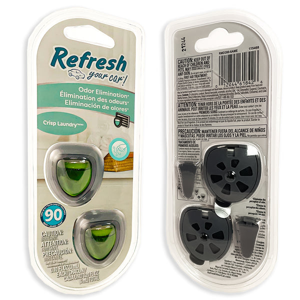 Refresh Car Air Freshener Vent Clip and Mini Car Oil Diffuser, Long-Lasting Odor Eliminator for Up to 90 days, 2 Count, Crisp Laundry