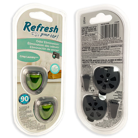 Refresh Car Air Freshener Vent Clip and Mini Car Oil Diffuser, Long-Lasting Odor Eliminator for Up to 90 days, 2 Count, Crisp Laundry
