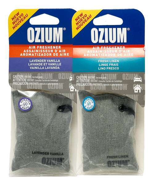 Ozium Scented Sachet Car Air Fresheners and Odor Eliminator for Car, Home Closets, Shoes, and Suitcases, Lavender Vanilla + Fresh Linen, Combo Kit