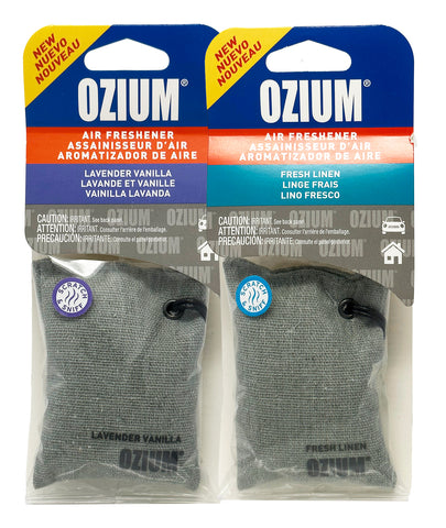 Ozium Scented Sachet Car Air Fresheners and Odor Eliminator for Car, Home Closets, Shoes, and Suitcases, Lavender Vanilla + Fresh Linen, Combo Kit