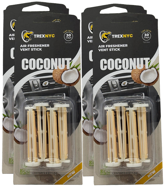 TrexNYC Car Air Fresheners Vent Sticks, Essential Car Odor Eliminator, For Long Lasting Fragrance up to 30 days, Coconut, 4 Packs