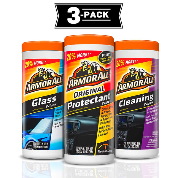 Armor All Protectant, Glass and Cleaning Wipes, 30 Count Each (Pack of 3)
