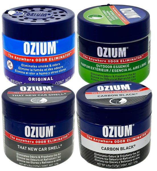 Ozium Air Sanitizer 4.5 oz Gel: Odor Eliminator for Strong Odor, Car Air Freshener, 4 Packs Combo (Original, Carbon Black, Outdoor Essence, New Car)