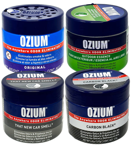 Ozium Air Sanitizer 4.5 oz Gel: Odor Eliminator for Strong Odor, Car Air Freshener, 4 Packs Combo (Original, Carbon Black, Outdoor Essence, New Car)