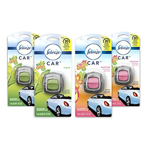 Febreze Car Air Freshener, 2 Gain Original and 2 Gain Island Fresh scents (4 count, .06 fl oz)