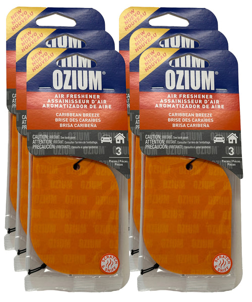 Ozium Paper Hanging Car Air Freshener with Odor Eliminator for Car - Refresh Your Ride with Automotive Air Fresheners, Caribbean Breeze, 6 Packs