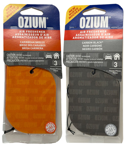 Ozium Paper Hanging Car Air Freshener with Odor Eliminator for Car - Refresh Your Ride with Automotive Air Fresheners, 3 Pack. Caribbean Breeze + Carbon Black, Combo Kit