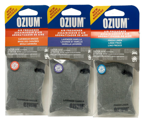 Ozium Scented Sachet Car Air Fresheners and Odor Eliminator for Car, Home Closets, Shoes, and Suitcases, Caribbean Breeze + Lavender Vanilla + Fresh Linen, Combo Kit
