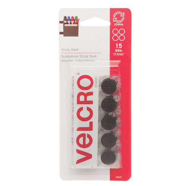 Velcro Sticky Back General Purpose Stick-On 5/8in Coins, 15 Sets - Black