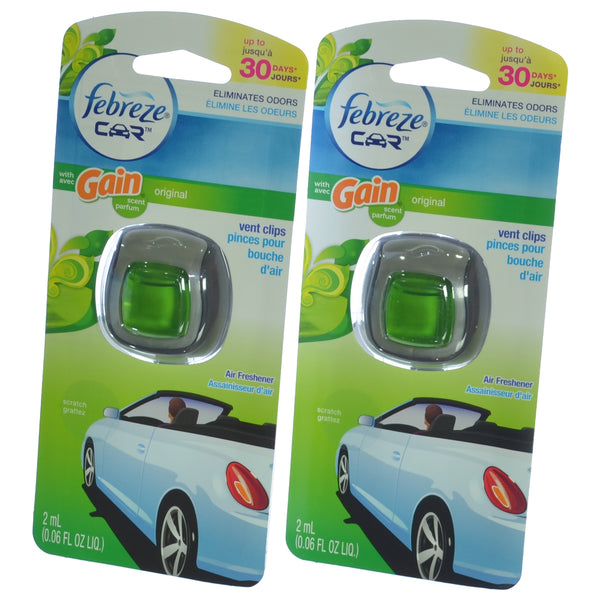 Febreze Car Vent Clip Auto, Home Office AC Air Freshener & Odor Eliminator, With Gain Original - 2 Pieces