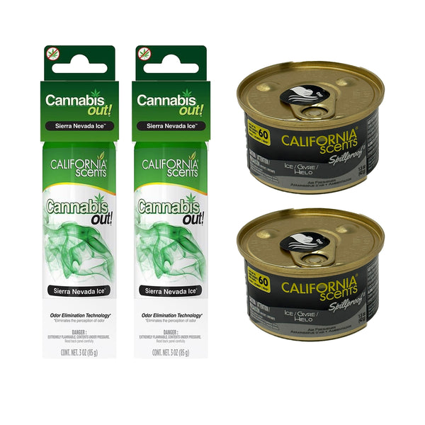 California Scents Spillproof Can and Cannabis Out Spray Combo Kit: Ice and Sierra Nevada Ice Car Air Fresheners – Long Lasting Car Air Fresheners with California Scents' Signature Fragrances