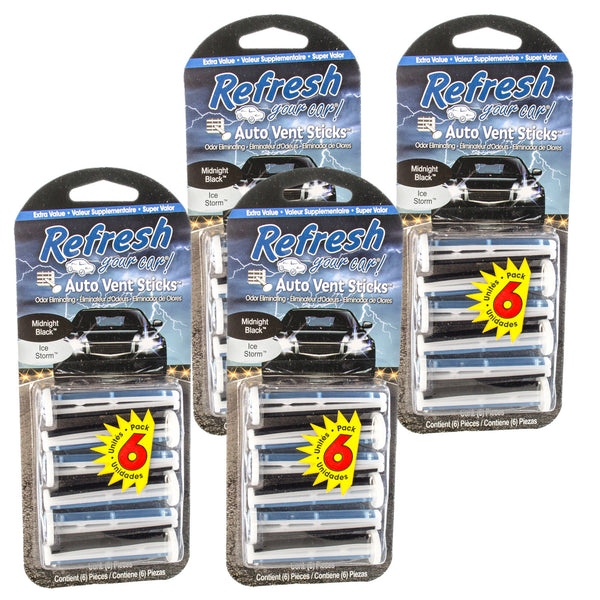 Refresh Auto Vent Sticks Car Air Freshener 6 Sticks, Midnight Black/Ice Storm (4-Pack)